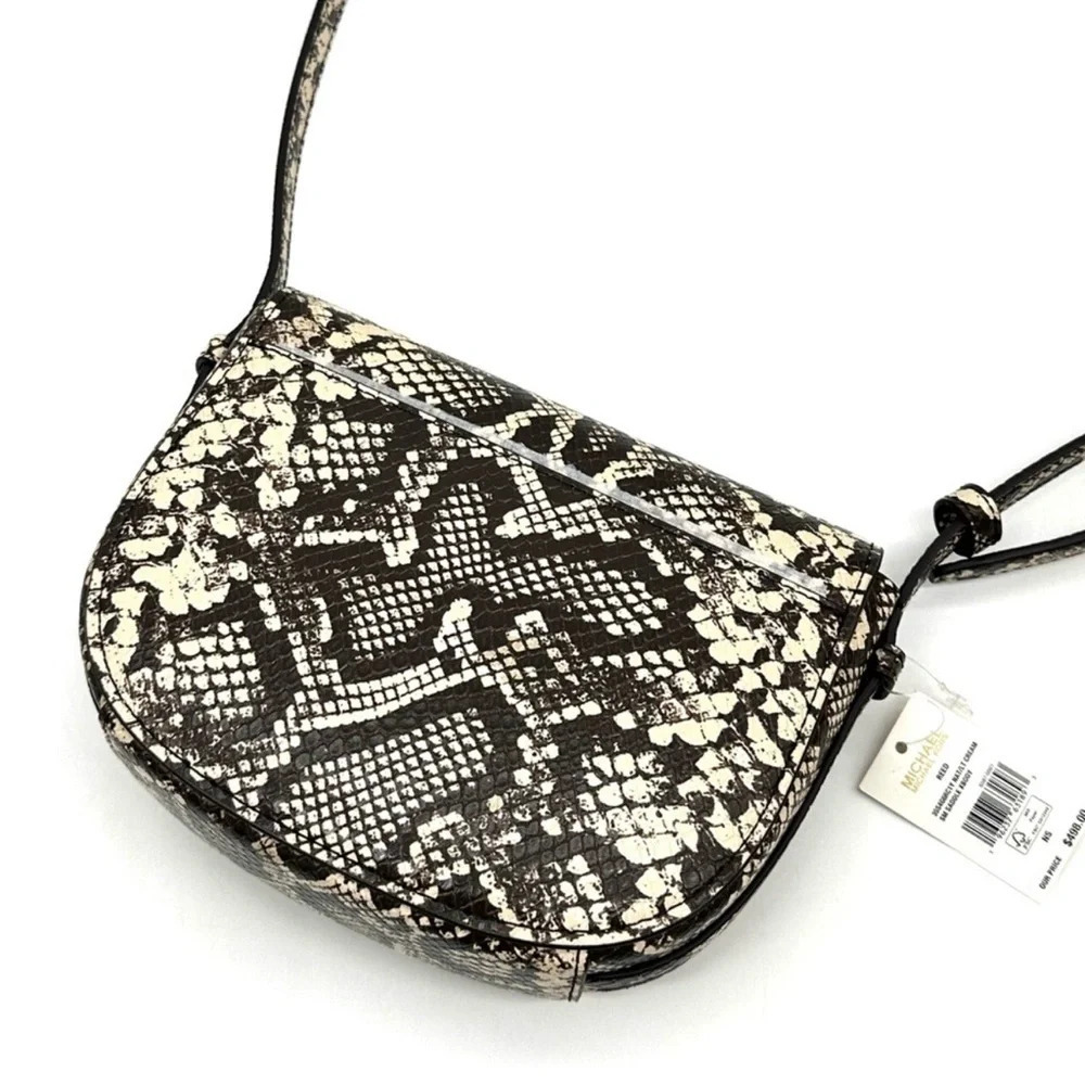 Michael Kors Small Reed Leather Saddle Crossbody Bag Snakeskin Nat/Light Cream - Picture 9 of 10